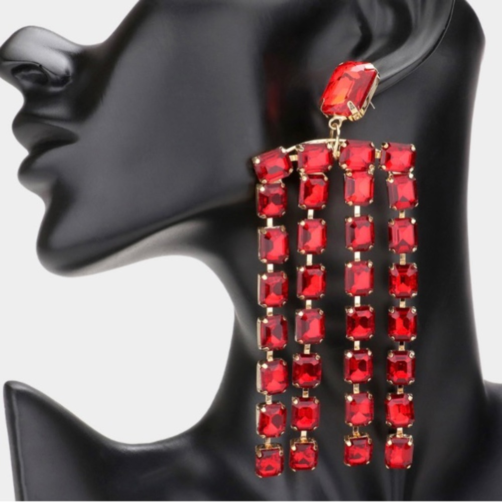 - Emerald Cut Stone Fringe Evening Earrings